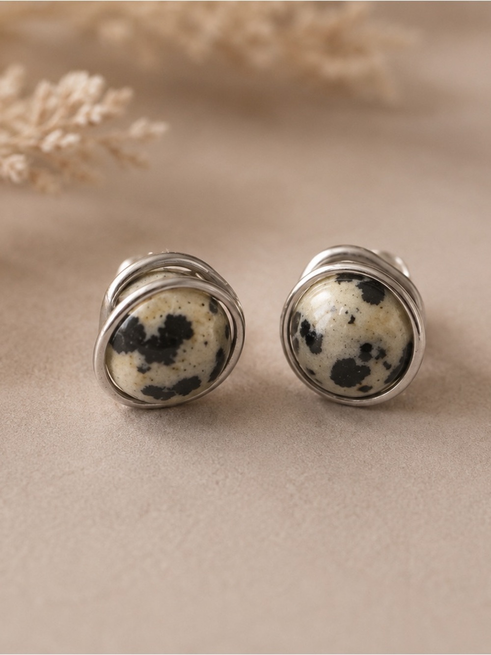 Dalmatian Jasper Wire Wrapped 10mm Stud Earrings.